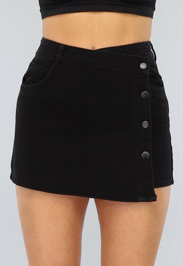 Zwarte Denim Overslag Skort met Knoopjes