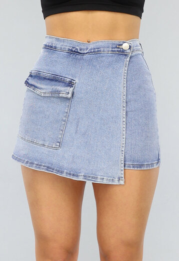 NEW2404 Denim Skort met Klepzak en Overslag