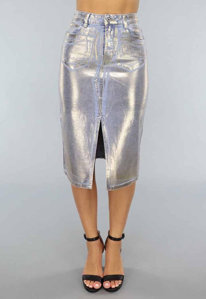 Denim Midi Rok met Gouden Coating