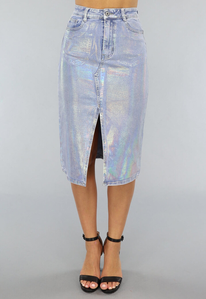 Holografische Coated Midi Denim Rok