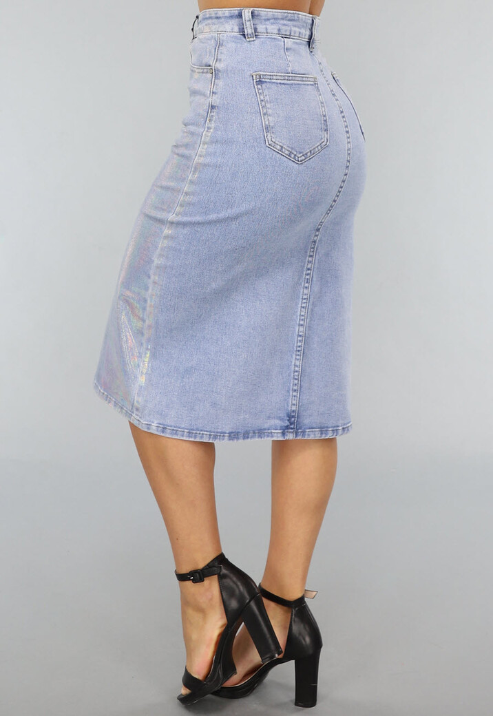 Holografische Coated Midi Denim Rok