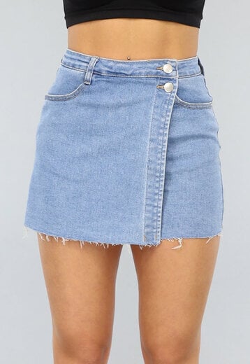 NEW2404 Blauwe Denim Overslag Skort met Stretch