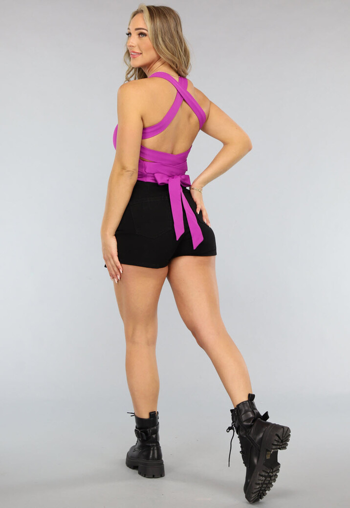 Paarse Strakke Top met Strappy Rug Detail