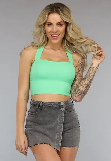Strakke Mintkleurige Top met Strik op Rug