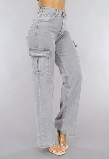 NEW0105 Grijze Straight Leg Jeans met Klepzak