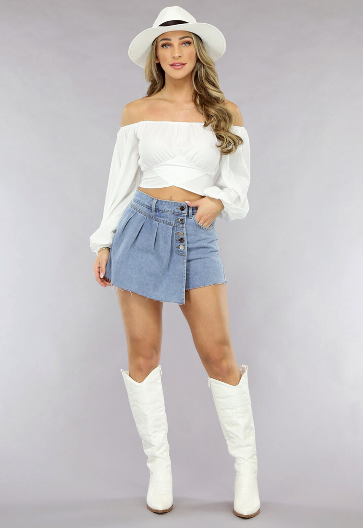 Geplooide Denim Overslag Skort in Lichtblauw met Knopen