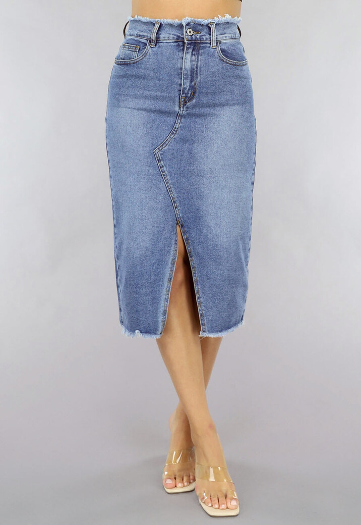 NEW0105 Denim Midi Spijkerrok met Rafels