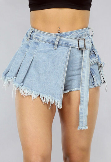 Denim Overslag Skort met Riempje in Lichtblauw