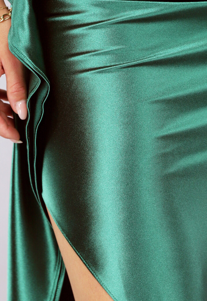 Groene Satin Stretch Avondjurk met One Shoulder
