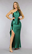 Groene Satin Stretch Avondjurk met One Shoulder