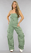 Groene Strapless Wide Leg Denim Jumpsuit