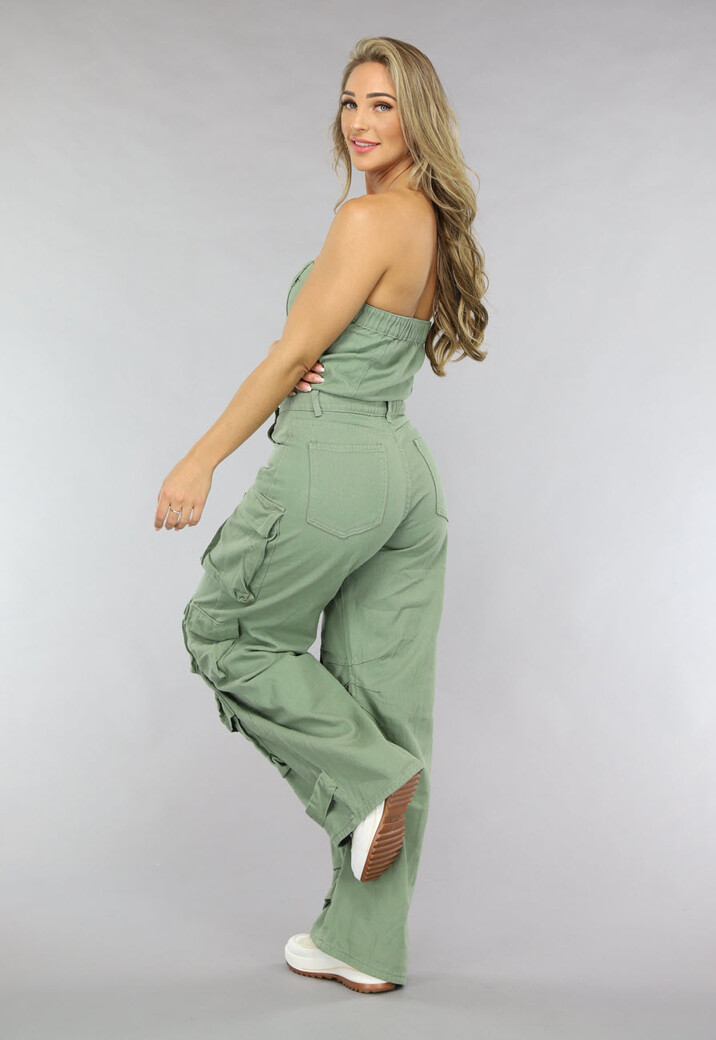 Groene Strapless Wide Leg Denim Jumpsuit
