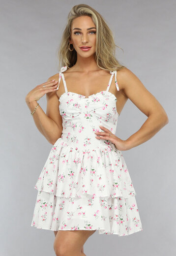 Witte Layered Bloemenjurk met Strikdetail