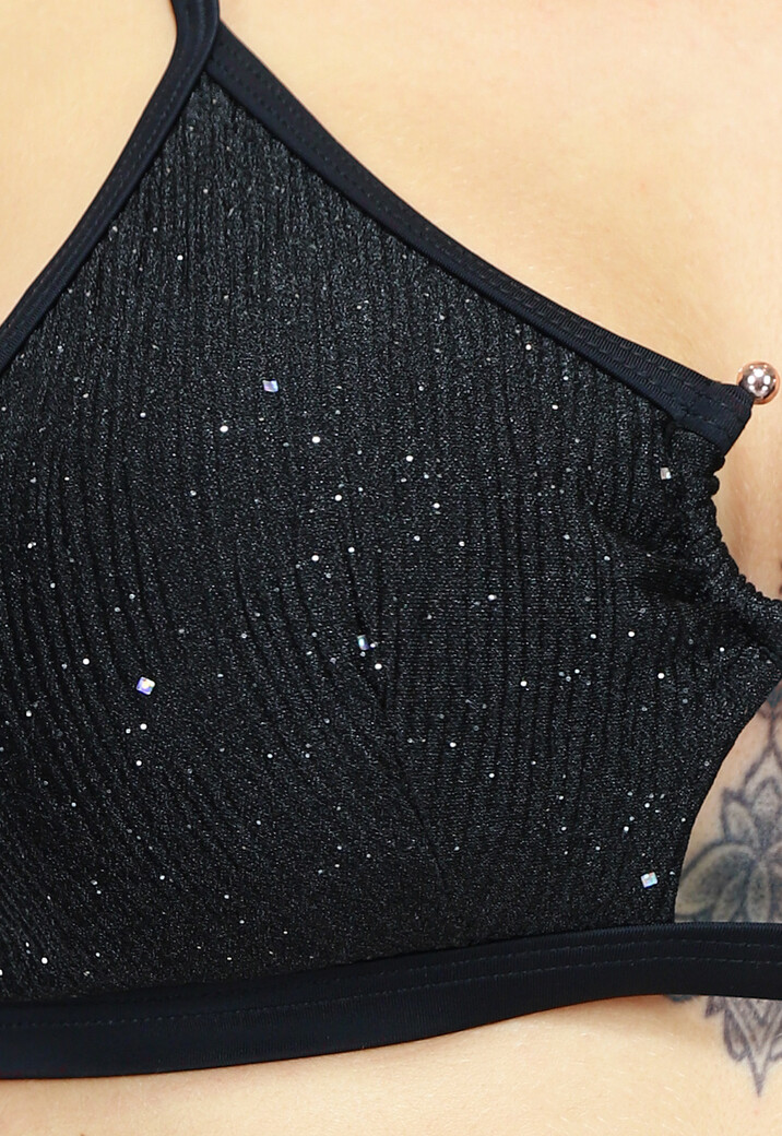 Zwarte Glitter Triangel Bikini Top met Cutout