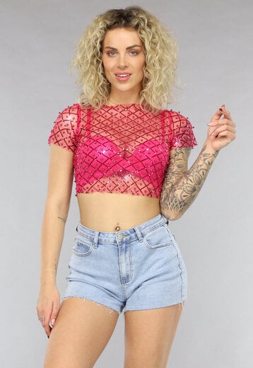 OP=OP! Roze Mesh Parel Top met Korte Mouwen