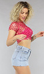 Roze Mesh Parel Top met Korte Mouwen