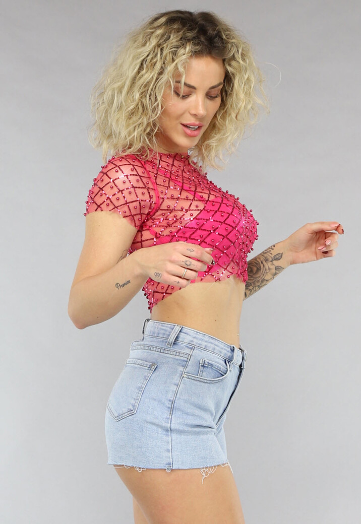 Roze Mesh Parel Top met Korte Mouwen