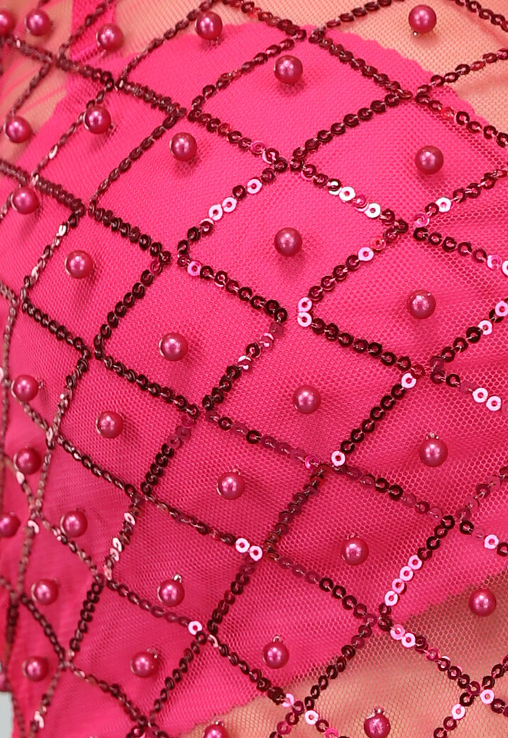 Roze Mesh Parel Top met Korte Mouwen