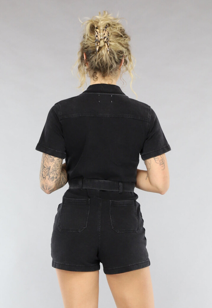Zwarte Denim Playsuit met Ceintuur