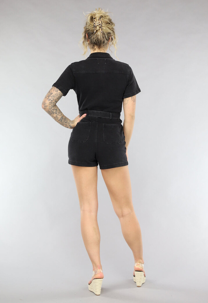 Zwarte Denim Playsuit met Ceintuur