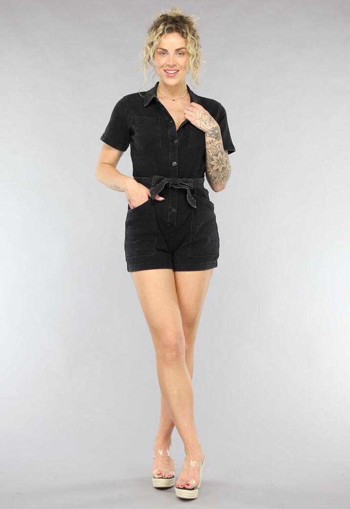 Zwarte Denim Playsuit met Ceintuur