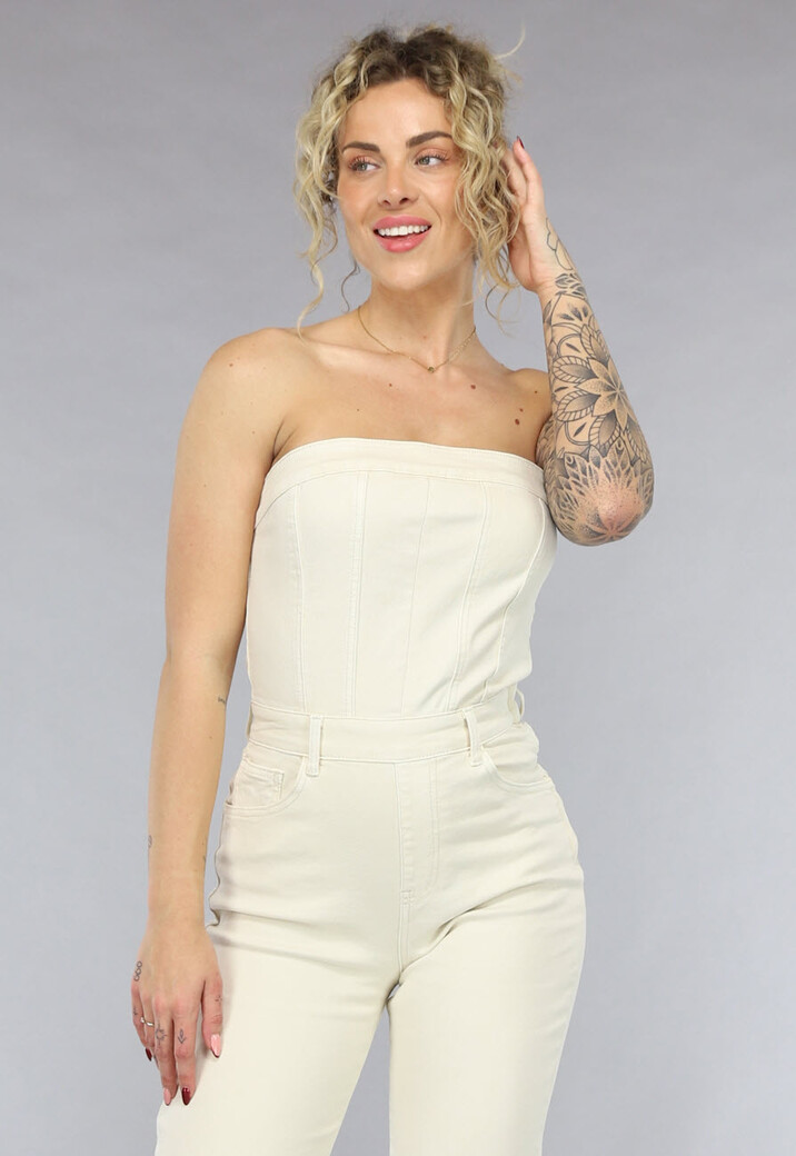 Beige Strapless Jumpsuit van Spijkerstof