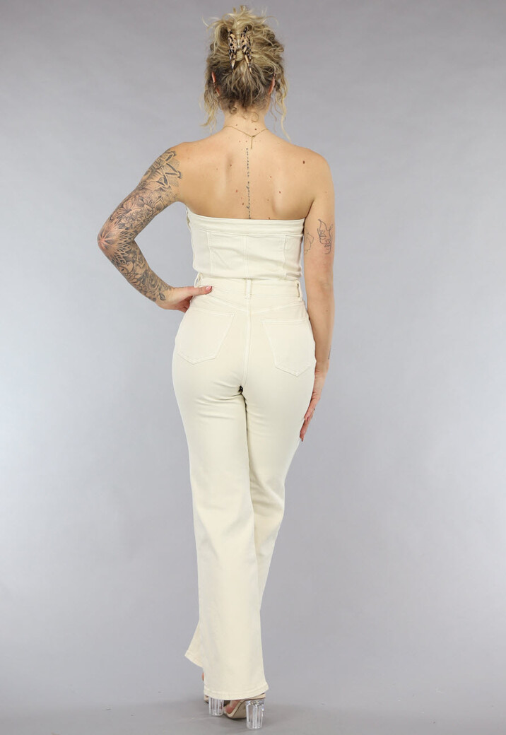 Beige Strapless Jumpsuit van Spijkerstof