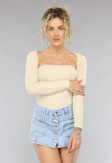 OP=OP.AV.05 Elastische Bandeau Top met Bolero in Beige