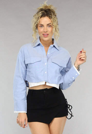 Lichtblauwe Korte Blouse met Uitstekende Zakken