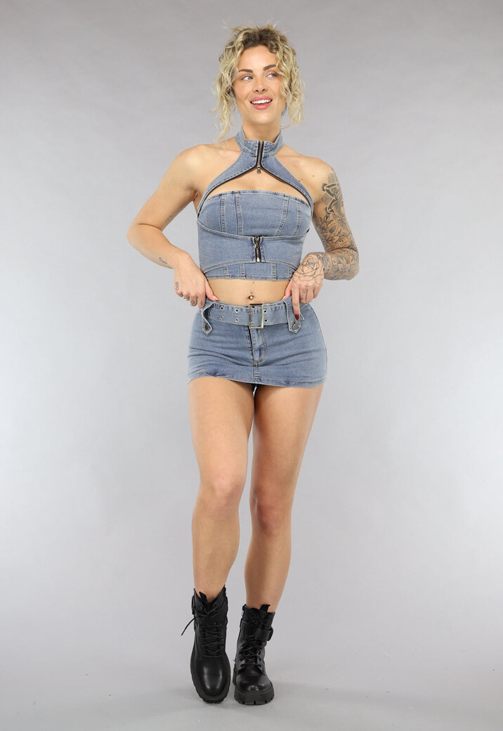 Blauwe Denim Co Ord Set met Riem