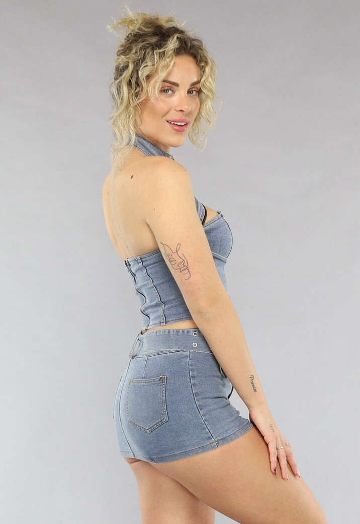 Blauwe Denim Co Ord Set met Riem