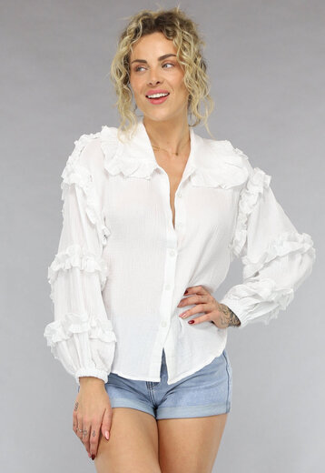 NEW0805 Witte Mousseline Blouse met Ruches