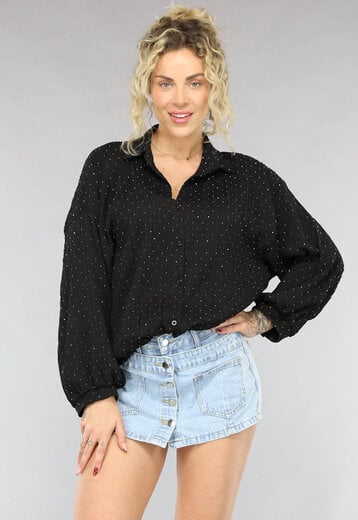 OP=OP.AV.05 Zwarte Lange Blouse met Glitter Steentjes