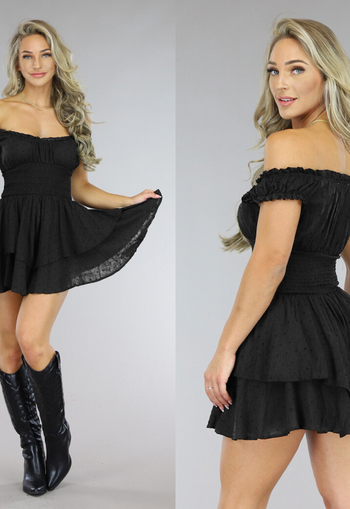 Zwarte Layered Polkadot Off Shoulder Playsuit