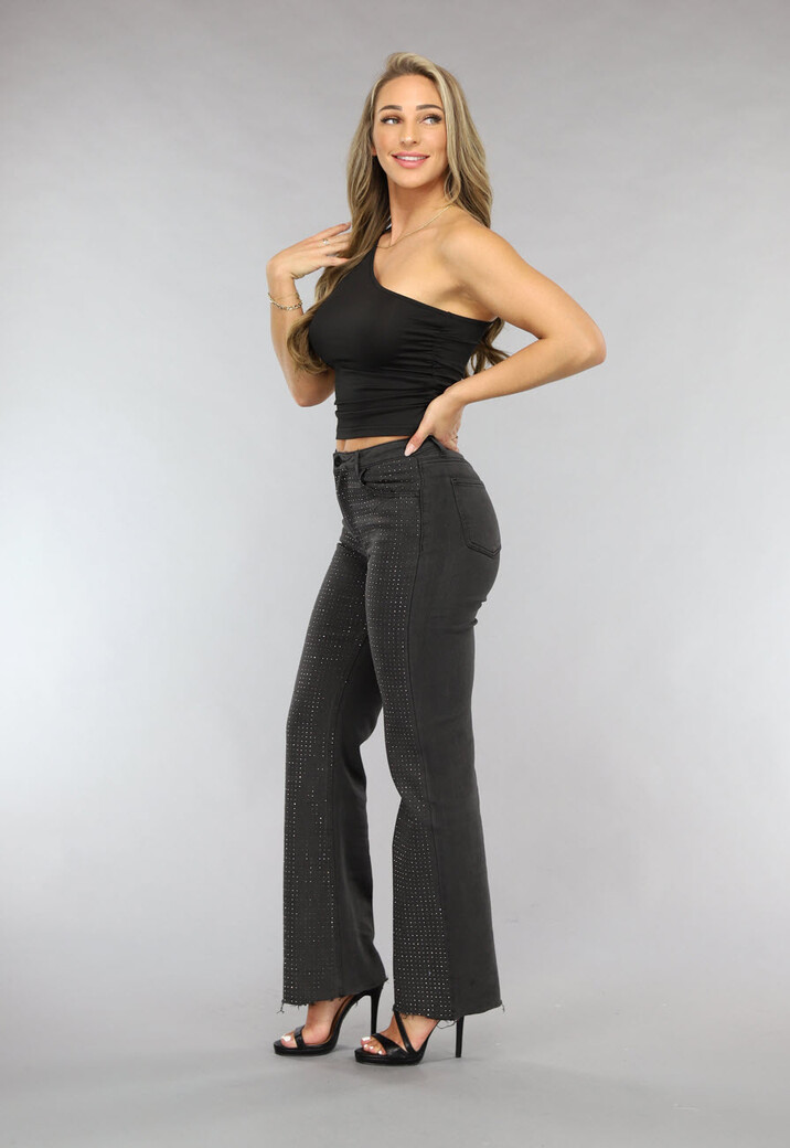 Antraciet Straight Leg Jeans met Strass Steentjes