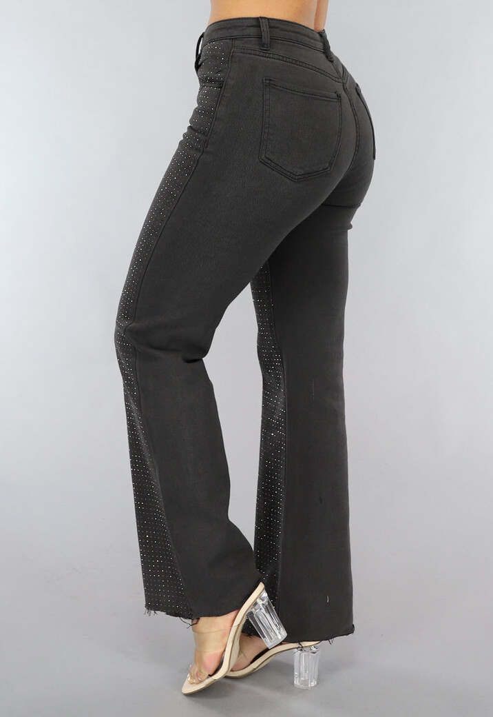 Antraciet Straight Leg Jeans met Strass Steentjes