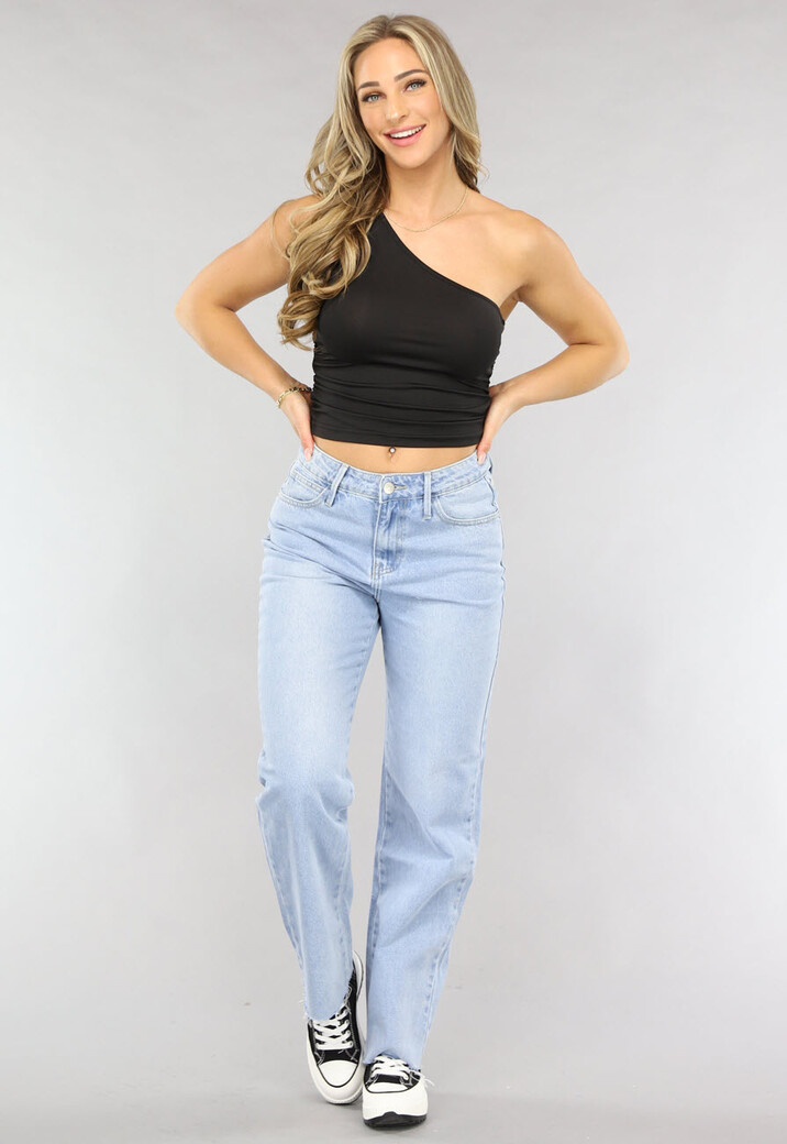 Zwarte Asymmetrische One Shoulder Top met Plooitjes