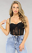 Zwarte Kanten Bustier Top met Strikje en Voorgevormde Cups