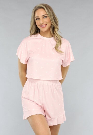 OP=OP.AV.05 Roze Ruffle Pyjama Set met Bloemetjes