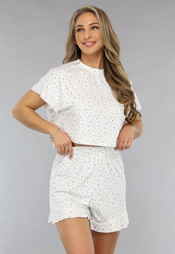 OP=OP.AV.05 Witte Pyjama Set met Blaadjes Patroon