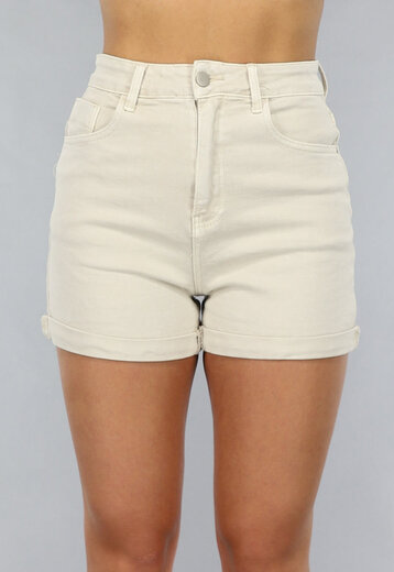 NEW2205 Beige Denim Short met Omgeslagen Pijpen