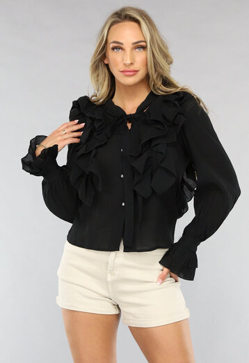 OP=OP.AV.05 Zwarte Ruches Blouse met Strikdetail