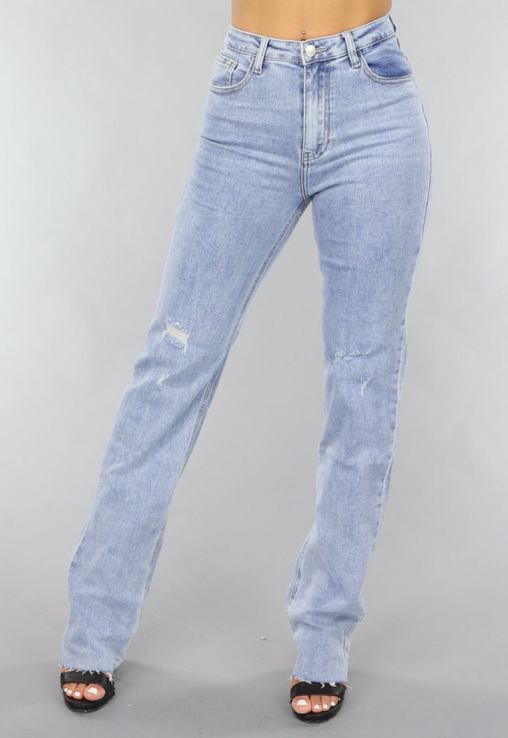 Blauwe Destroyed Straight Leg Jeans