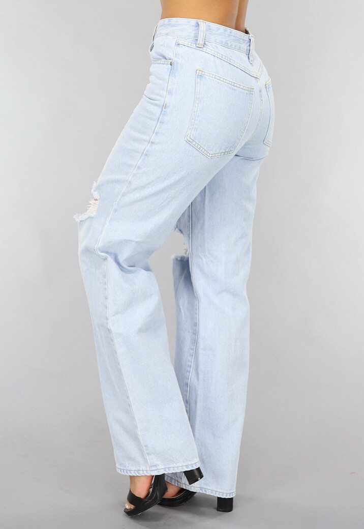 Lichtblauwe Wijde Jeans met Knie Scheuren