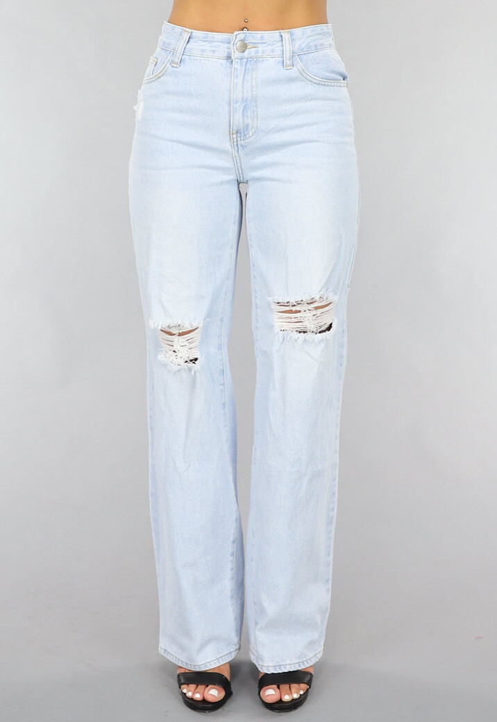 Lichtblauwe Wijde Jeans met Knie Scheuren