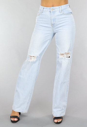 Lichtblauwe Wijde Jeans met Knie Scheuren