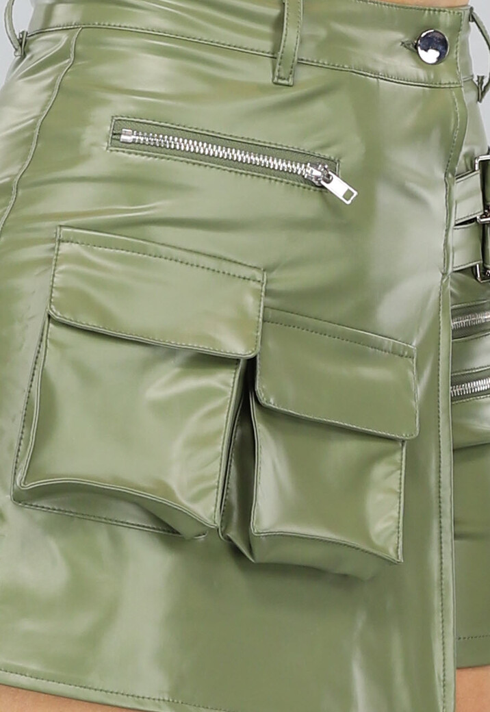 Khaki Lederlook Overslag Cargo Skort