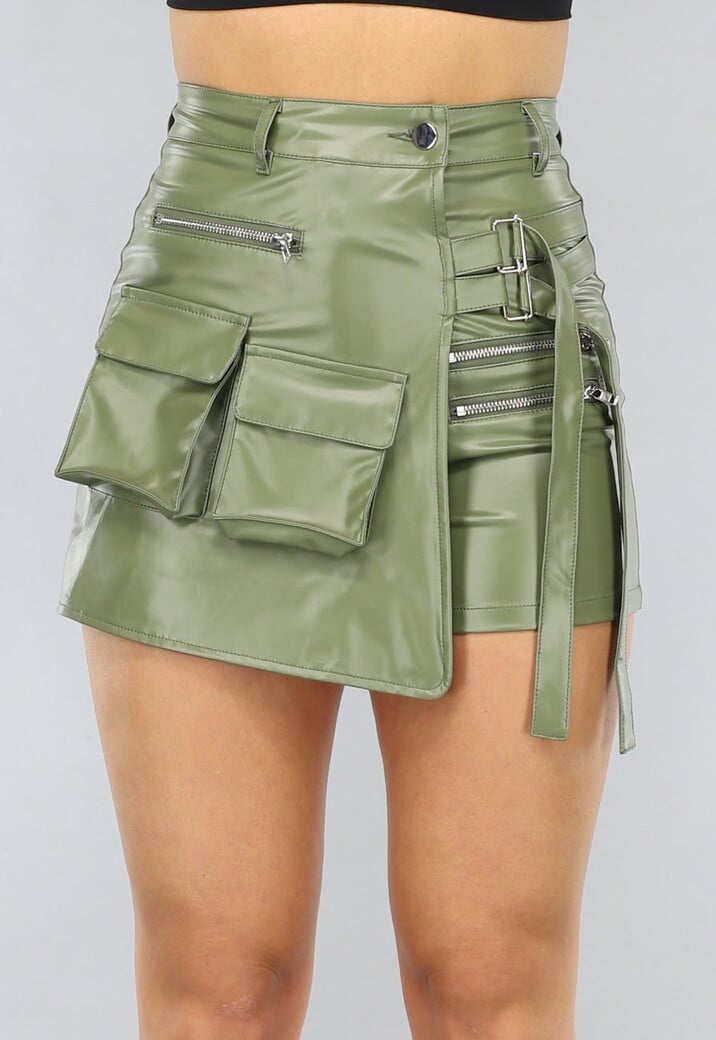 Khaki Lederlook Overslag Cargo Skort