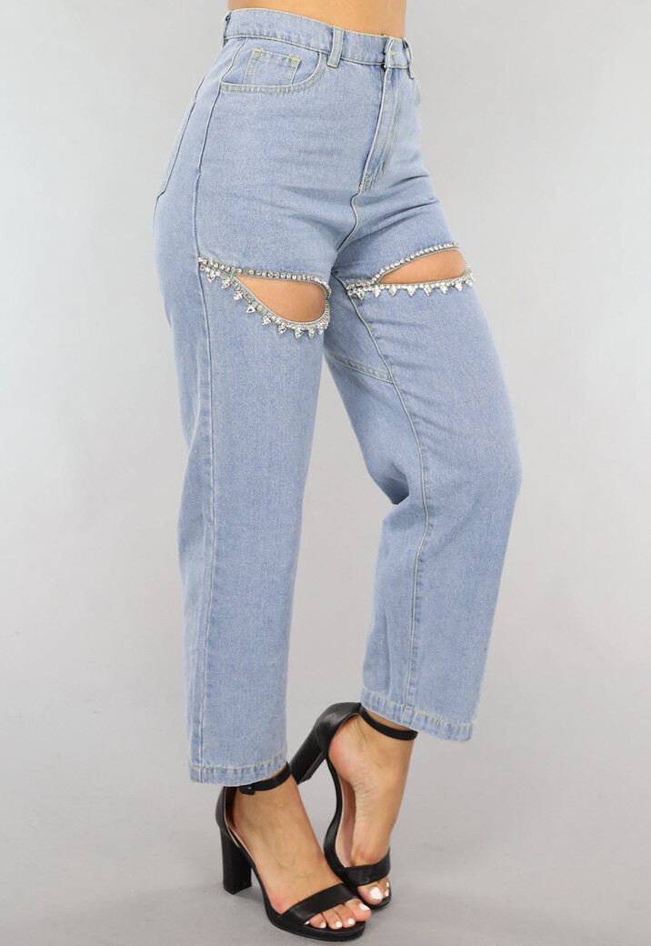 Blauwe Denim Straight Leg Jeans met Strass Steentjes