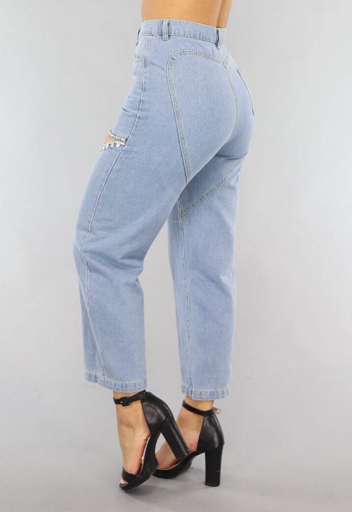 Blauwe Denim Straight Leg Jeans met Strass Steentjes